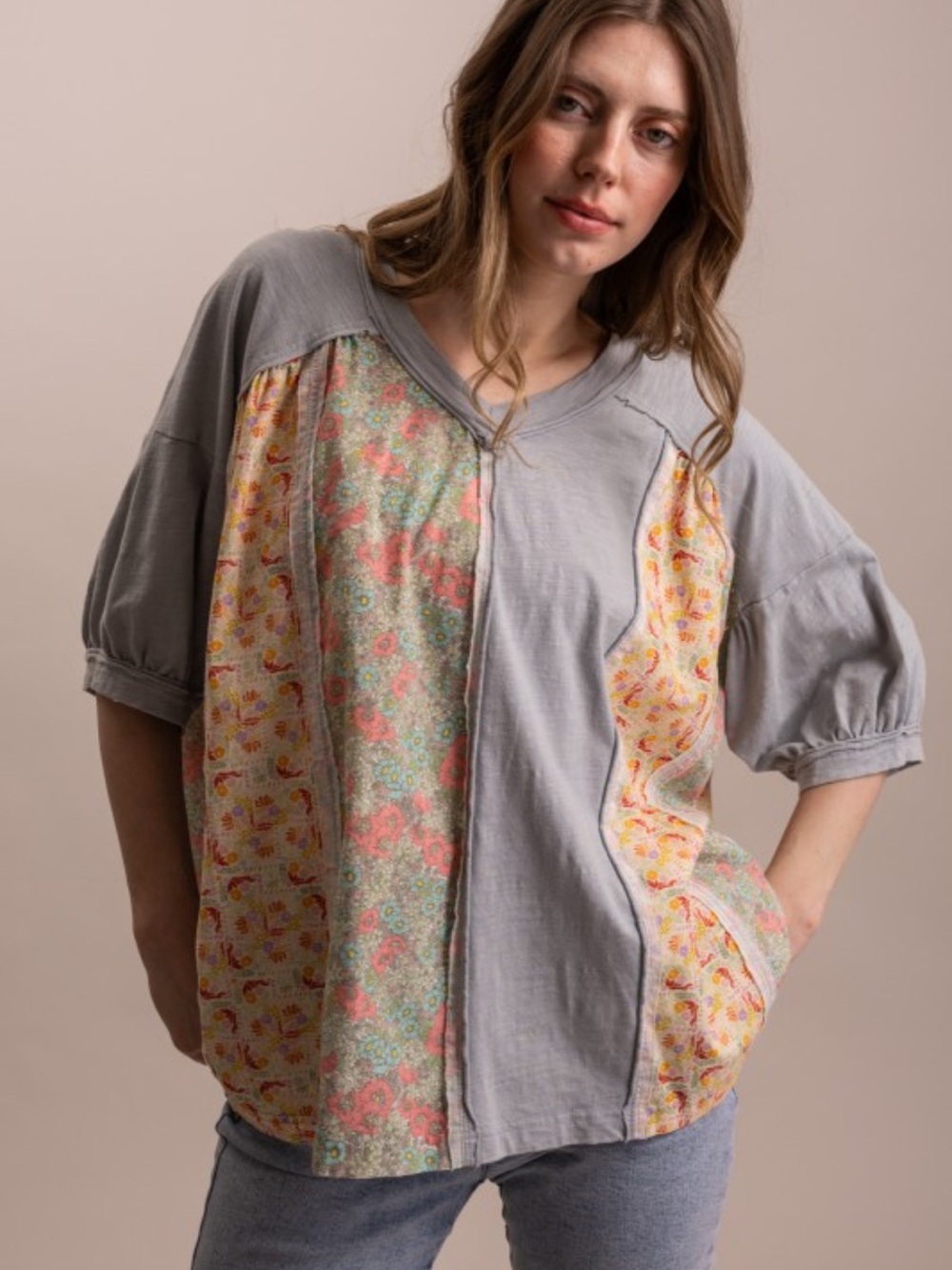 Bluevelvet Relaxed Patchwork Floral Tunic Top - Blue & Multi
